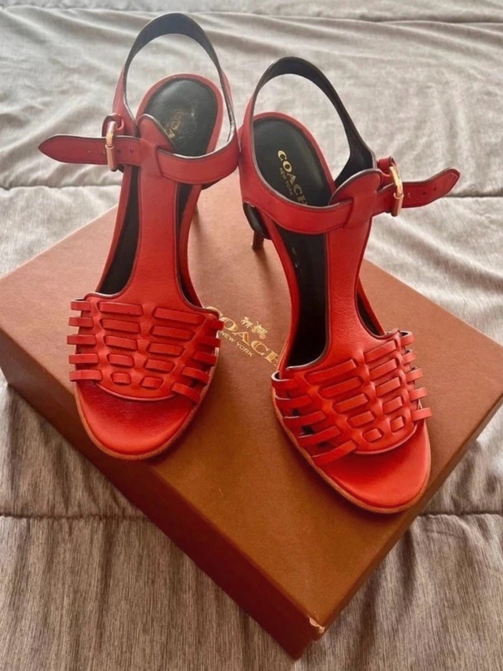 Coach Izzy Woven Leather High Heel Sandals Orange/Red 9